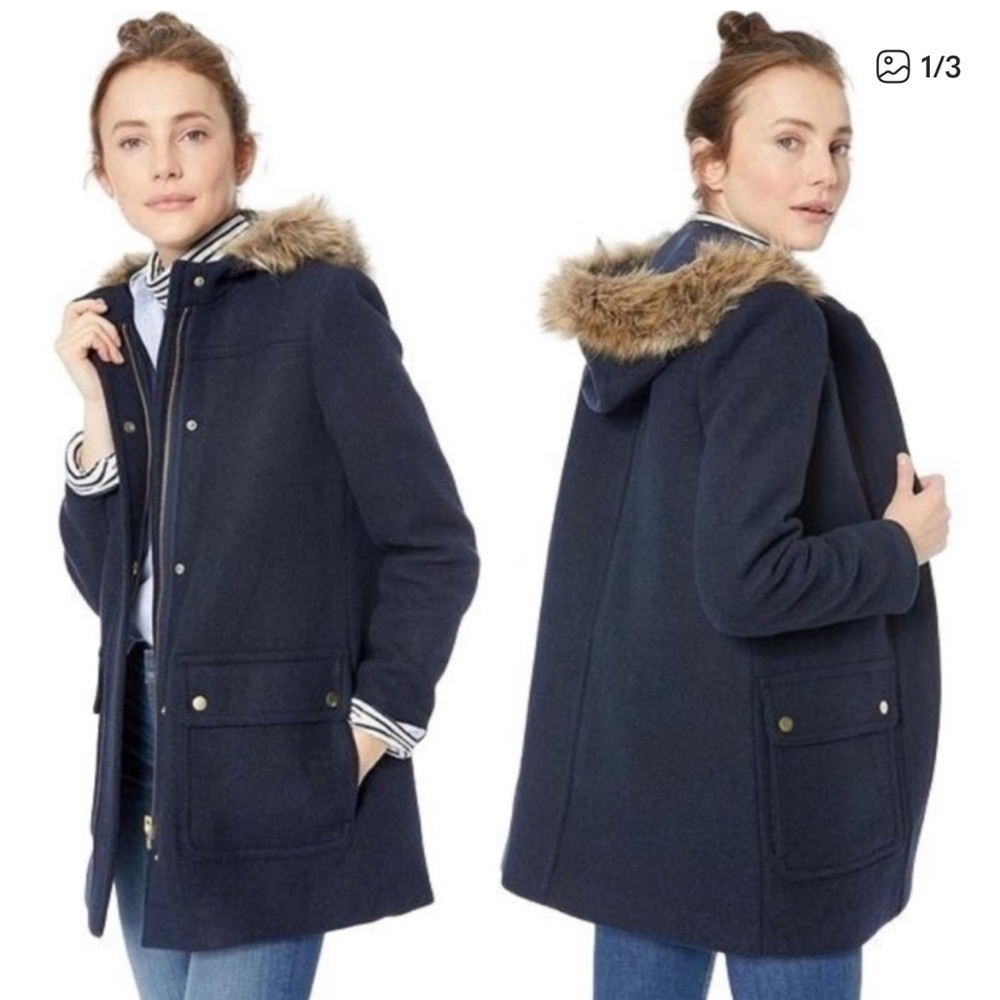 J. Crew mercantile wool navy blue faux fur hooded coat